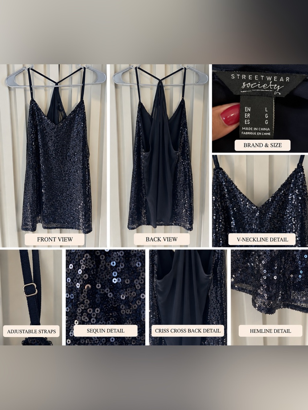 Streetwear Society Navy Sequin Cami with Crisscross Straps